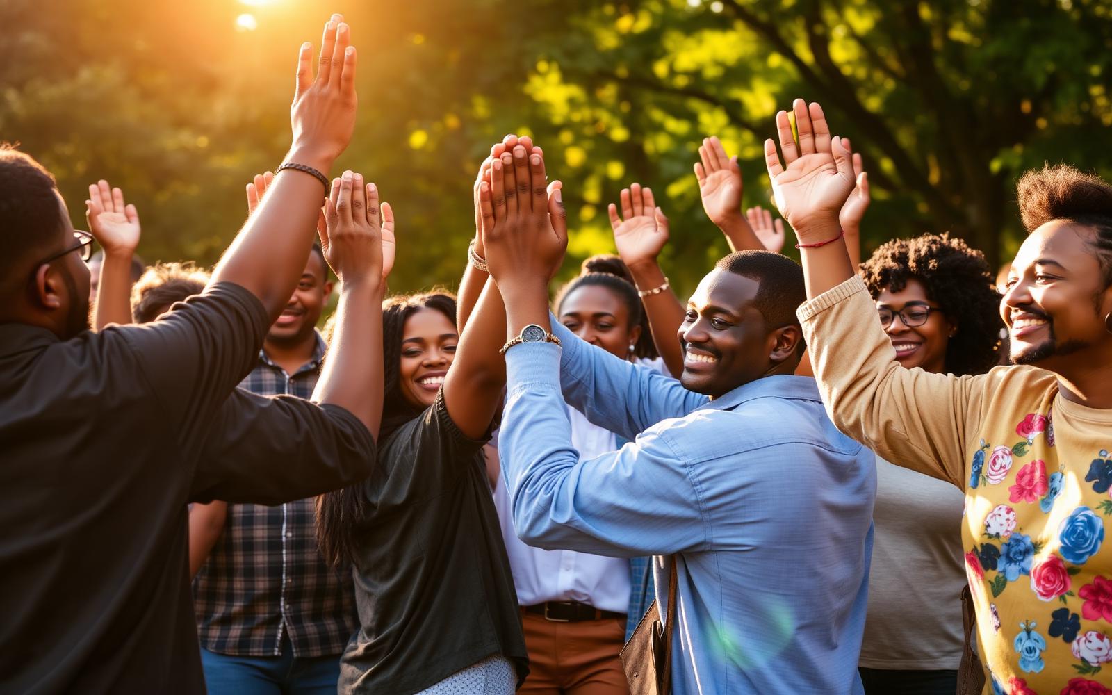 Community members raising hands together